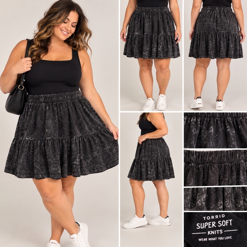 Torrid Super Soft Knits Tiered Mini Skirt Mineral Wash Black Gray Plus Size 2